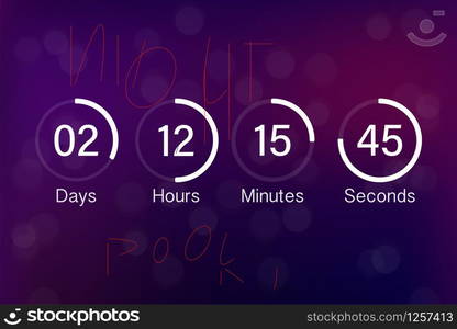 Vector countdown clock counter timer. UI app digital count down circle board meter with circle time pie diagram. Scoreboard of day, hour, minutes and seconds for web page coming soon event template. Vector countdown clock counter timer. UI app digital count down circle board meter with circle time pie diagram. Scoreboard of day, hour, minutes and seconds for web page coming soon event template.