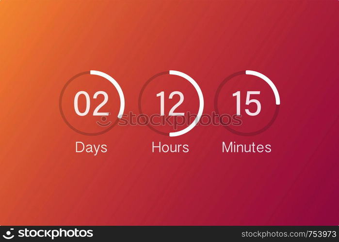 Vector countdown clock counter timer. UI app digital count down circle board meter with circle time pie diagram. Scoreboard of day, hour, minutes and seconds for web page coming soon event template