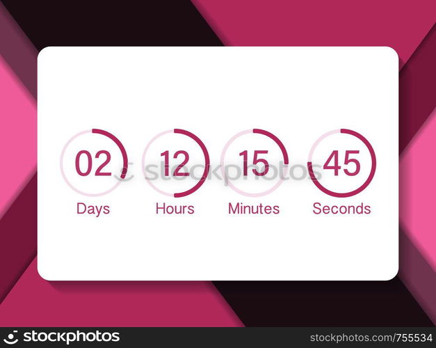 Vector countdown clock counter timer. UI app digital count down circle board meter with circle time pie diagram. Scoreboard of day, hour, minutes and seconds for web page coming soon event template