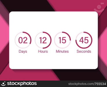 Vector countdown clock counter timer. UI app digital count down circle board meter with circle time pie diagram. Scoreboard of day, hour, minutes and seconds for web page coming soon event template