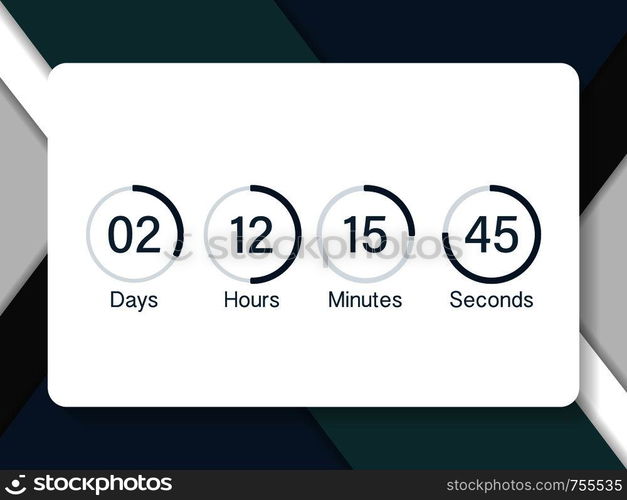 Vector countdown clock counter timer. UI app digital count down circle board meter with circle time pie diagram. Scoreboard of day, hour, minutes and seconds for web page coming soon event template