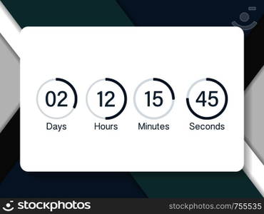 Vector countdown clock counter timer. UI app digital count down circle board meter with circle time pie diagram. Scoreboard of day, hour, minutes and seconds for web page coming soon event template