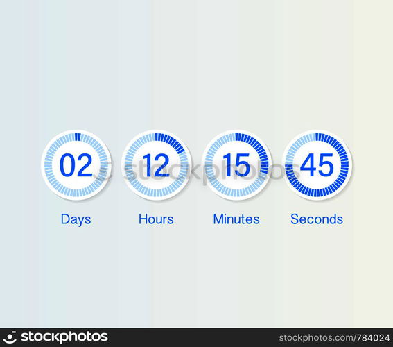 Vector countdown clock counter timer. UI app digital count down circle board meter with circle time pie diagram. Scoreboard of day, hour, minutes and seconds for web page coming soon event template