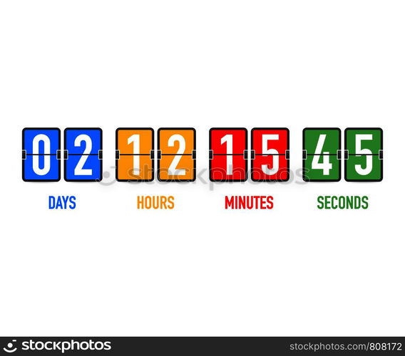 Vector countdown clock counter timer. UI app digital count down circle board meter with circle time pie diagram. Scoreboard of day, hour, minutes and seconds for web page coming soon event template