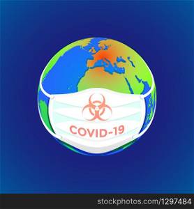 vector covid-19 virus sick the earth Europe pandemic coronavirus concept medical biohazard sign masked globe cartoon illustration isolated dark background. coronavirus masked globe conceptual illustration