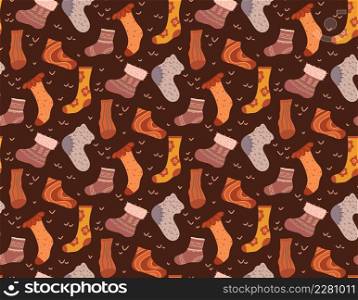 Vector cozy seamless pattern with warm socks in brown colors. Texture with knitted clothes for legs. Wallpaper with stockings and golfs. Flat hand drawn background.. Vector cozy seamless pattern with warm socks in brown colors. Texture with knitted clothes for legs. Wallpaper with stockings and golfs.