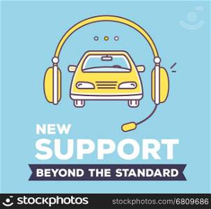 Vector creative illustration of car and support headphone with header on blue background. High quality car service and maintenance concept. Flat thin line art style design for best technical support