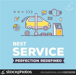 Vector creative illustration of car service workshop on blue background with header and line auto accessories. Car service and maintenance concept. Flat thin line art style design for car repair, diagnostics, inspection