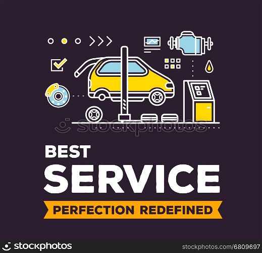 Vector creative illustration of car service workshop on dark background with header and line auto accessories. 24 hour car service and maintenance concept. Flat thin line art style design for night car repair, diagnostics, inspection