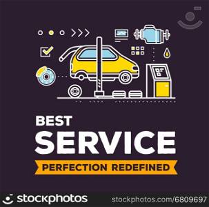 Vector creative illustration of car service workshop on dark background with header and line auto accessories. 24 hour car service and maintenance concept. Flat thin line art style design for night car repair, diagnostics, inspection