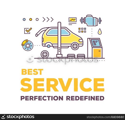 Vector creative illustration of car service workshop on white background with header and line auto accessories. Car service and maintenance concept. Flat thin line art style design for car repair, diagnostics, inspection