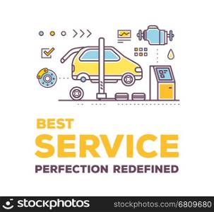 Vector creative illustration of car service workshop on white background with header and line auto accessories. Car service and maintenance concept. Flat thin line art style design for car repair, diagnostics, inspection