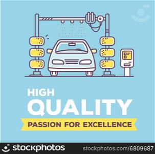 Vector creative illustration of car wash with header on blue background. High quality car service and maintenance concept. Flat thin line art style design for best automatic car wash service