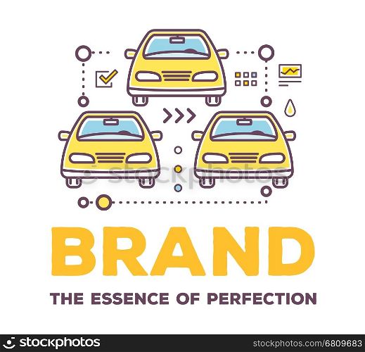 Vector creative illustration of cars with line icons and header on white background. Car brand service and maintenance concept. Flat thin line art style design for car repair, wash, parking&#xA;