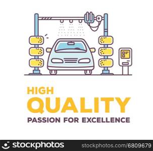 Vector creative illustration of color car wash with header on white background. High quality car service and maintenance concept. Flat thin line art style design for best automatic car wash service