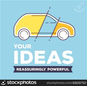 Vector creative illustration of colorful linear car with header on blue background. Your design of car concept. Flat thin line art style design for realization of your ideas