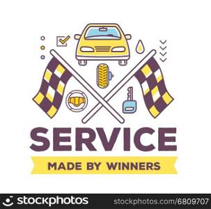 Vector creative illustration of frontal view car on white background with header, racing flags, line auto accessories. Quality car service and maintenance concept. Flat thin line art style design for car repair, wash, parking
