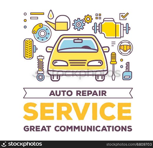 Vector creative illustration of frontal view car with line objects and word typography on white background. High quality car service and maintenance concept. Flat thin line art style design for car repair, wash, parking