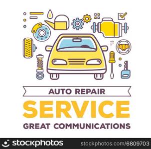Vector creative illustration of frontal view car with line objects and word typography on white background. High quality car service and maintenance concept. Flat thin line art style design for car repair, wash, parking