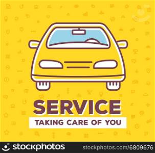 Vector creative illustration of frontal view car with pattern of line icons and word typography on yellow background. Car service and maintenance concept. Flat thin line art style design for car repair, wash, parking
