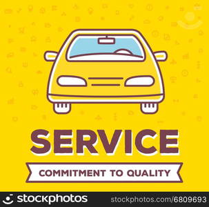 Vector creative illustration of frontal view car with pattern of line icons and word typography on yellow background. High quality car service and maintenance concept. Flat thin line art style design for car repair, wash, parking