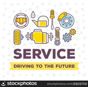 Vector creative illustration of line auto accessories with header on white pattern background. Quality car service and maintenance concept. Flat thin line art style design for car repair, wash, parking