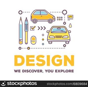Vector creative illustration of linear car with drawing tools, icons and header on white background. Design of car concept. Flat thin line art style design for creative car design studio
