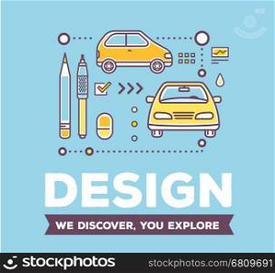 Vector creative illustration of linear yellow car with drawing tools, icons and header on blue background. Design of car concept. Flat thin line art style design for creative car design studio