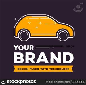Vector creative illustration of side view yellow car with header on dark background. Car brand service and maintenance concept. Flat thin line art style design for car repair, wash, parking