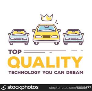 Vector creative illustration of three cars with header typography on white background. Top quality car service and maintenance concept. Flat thin line art style design for best car repair, wash, parking