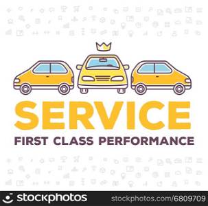 Vector creative illustration of three cars with pattern of line icons and header typography on white background. Car service and maintenance concept. Flat thin line art style design for best car repair, wash, parking
