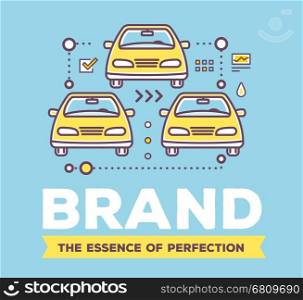 Vector creative illustration of yellow cars with line icons and header on blue background. Car brand service and maintenance concept. Flat thin line art style design for car repair, wash, parking