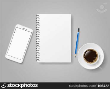 Vector creative minimal workspace of desk on sketchbook and mobile phone with blank screen.