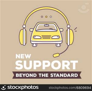 Vector creative retro color illustration of car and support headphone with header on brown background. High quality car service and maintenance concept. Flat thin line art style design for best technical support