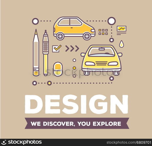 Vector creative retro color illustration of linear golden car with drawing tools, icons and header on brown background. Design of car concept. Flat thin line art style design for creative car design studio