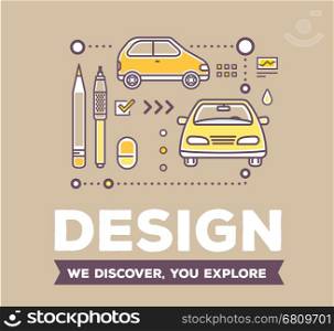 Vector creative retro color illustration of linear golden car with drawing tools, icons and header on brown background. Design of car concept. Flat thin line art style design for creative car design studio