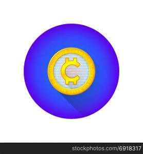 vector cryptocurrency global symbol icon. vector colorful flat design crypto currency global symbol blockchain based secure gold coin with long shadow blue circle icon isolated on white background