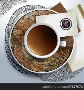 Vector Cup of coffee, business cards and hand drawn floral ornament on a saucer and background. Cup of coffee with ornaments