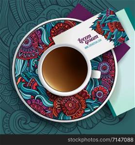 Vector Cup of coffee, business cards and hand drawn floral ornament on a saucer and background. Vector Cup of coffee