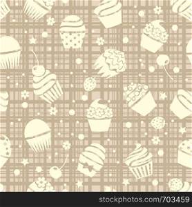 vector cupcake seamless pattern with different cupcakes, berries and flowers on background of crossed straight lines