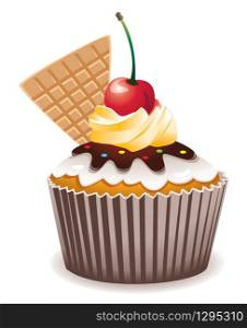 vector cupcake with cherry and waffle