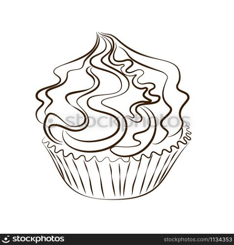 Vector cupcake with whipped cream hand drawn sketch isolated on the white background