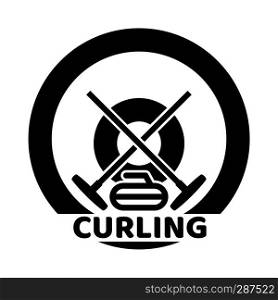 vector curling sport logo with curling stone and sweeping broom. black and white illustration of winter sport game