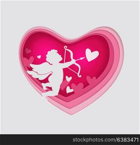 Vector cut out of paper pink heart with cupid. Romantic Valentine background. Holiday greeting card