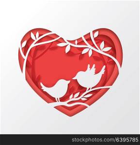 Vector cut out of paper red heart with two birds on a branch. Romantic Valentine background. Holiday greeting card