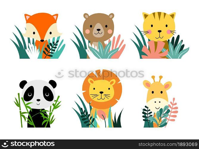 vector cute animal characters isolated on white background. fox, bear, lynx, panda, lion and giraffe icons. baby animal cartoon characters with floral flat plants and flowers drawing