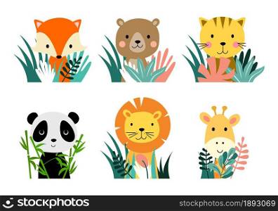 vector cute animal characters isolated on white background. fox, bear, lynx, panda, lion and giraffe icons. baby animal cartoon characters with floral flat plants and flowers drawing