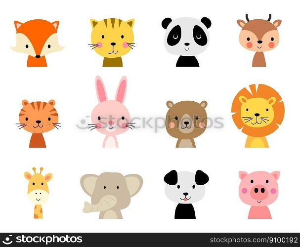 vector cute animal characters isolated on white background. fox, tiger, lynx, panda, deer, rabbit, bear, lion, giraffe, elephant, dog and pig.icons. baby animal cartoon characters
