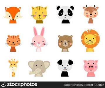 vector cute animal characters isolated on white background. fox, tiger, lynx, panda, deer, rabbit, bear, lion, giraffe, elephant, dog and pig.icons. baby animal cartoon characters