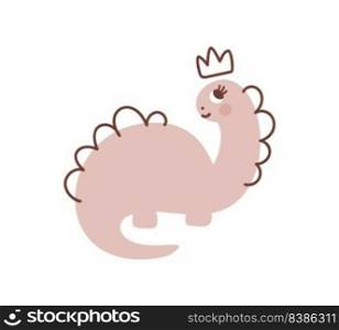 Vector cute baby girl Dinosaur with crown on head. Hand drawn princess sweet cool baby illustration for nursery t-shirt, kids apparel, invitation, simple scandinavian child design.. Vector cute baby girl Dinosaur with crown on head. Hand drawn princess sweet cool baby illustration for nursery t-shirt, kids apparel, invitation, simple scandinavian child design